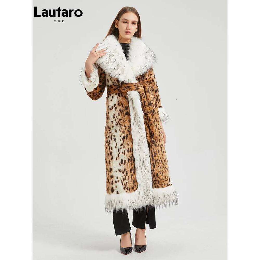 Lautaro-Faux Fox Fur Coat with Trim and Cuff for Women, Long Warm Thick Leopard Print, Furry Overcoat, Winter