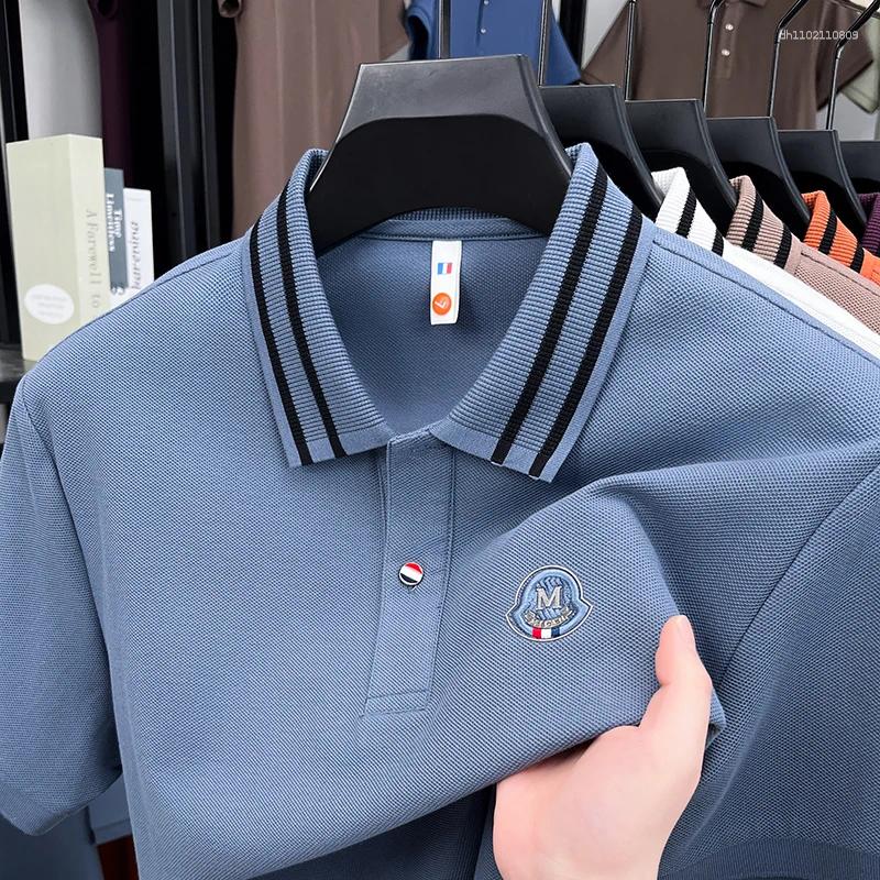Mens Polos High End Brand Cotton Short Sleeve Polo Shirt Letter Embroidery Lightweight Breathable Fashion Stripe Lapel T-shirt