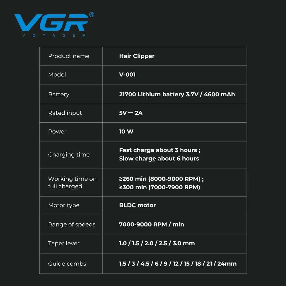 VGR 9000 RPM Brushless Motor Cut Hine Electric Barber Cordless Metal Hair Clipper Men V-001