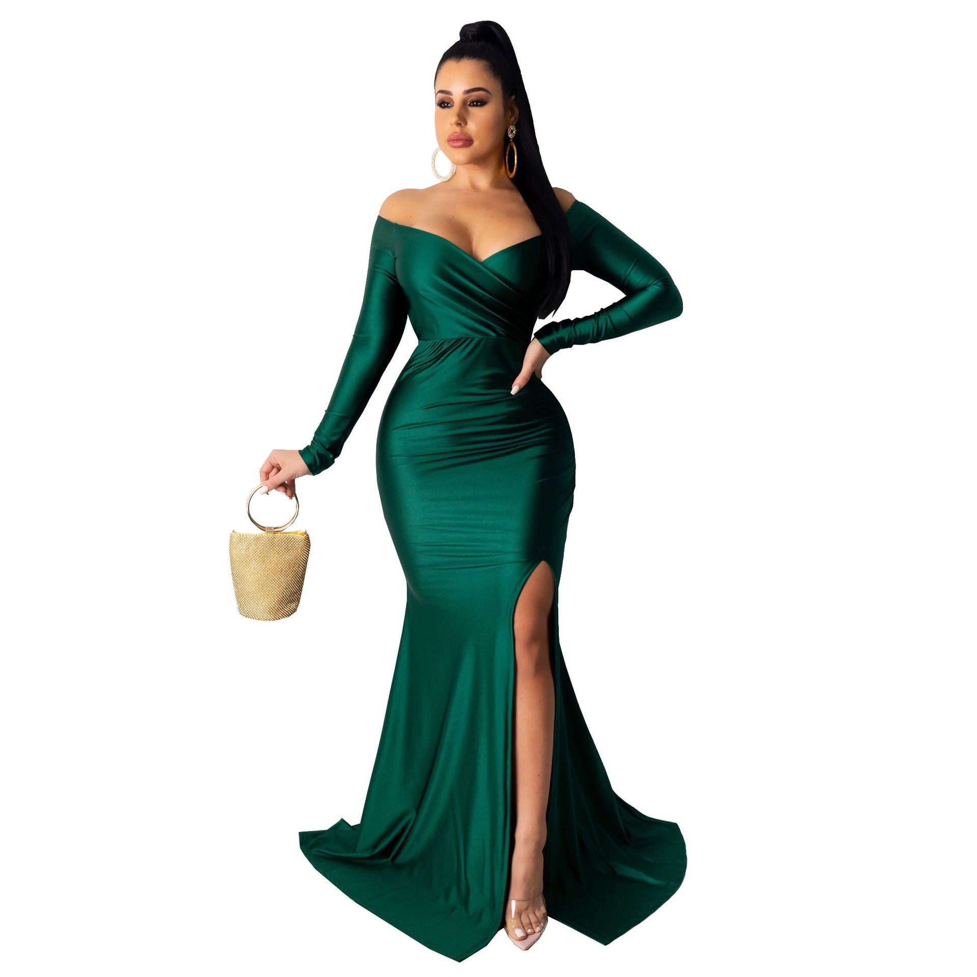 Tianmei Plus Size long sleeve floor length prom dress Sparkly sequins even Dresses side split sexy Mermaid Evening Gowns african Elegant Off Shoulder