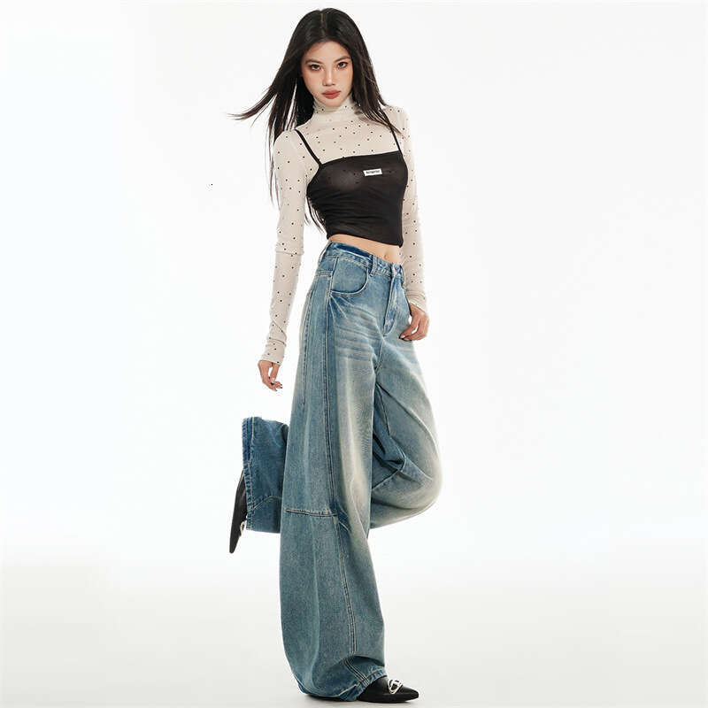 American Style Light Blue Wide Leg Jeans For Women Spring New Loose Lazy High Waist Scimitar Pants B5