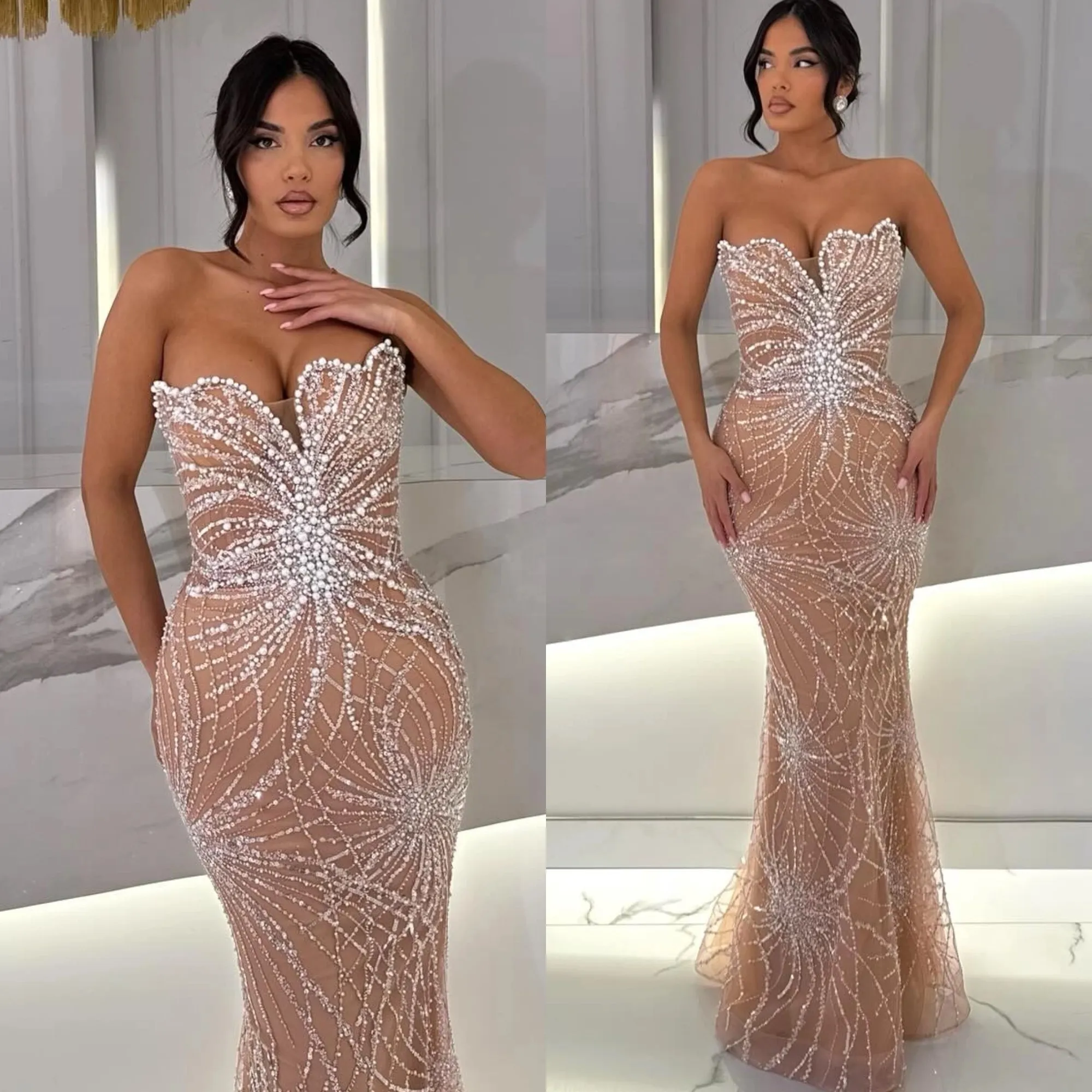 Gorgeous Strapless Prom Dresses Elegant Beaded Pearls Evening Dress Backless Sleeveless Celebrity Sequined Party Gown Customized