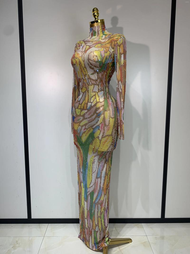 Casual Dresses Sparkly Rhinestone Stretchy Mesh See Through Jumpsuit Women Performance Dancer Costume Rompers Party Nightclub Stage Outfit