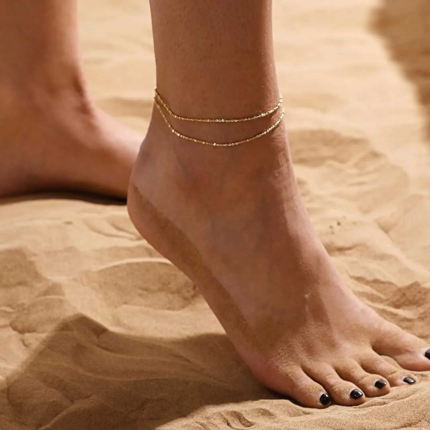 Gold/Silver Ankle Bracelets for Women 14K Gold Anklets for Women Waterproof Beads Anklets Set Layered Anklet Gold Jewelry Gift W250604