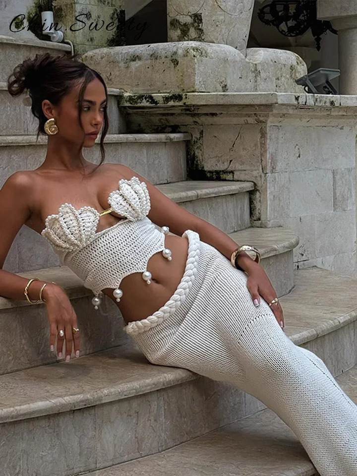 Sexy Crochet Hollow Out Pearl Skirt Set Women Solid Crop Bikini Tops Slim Hip Package Skirts 2025 Summer Lady Beach Outfits 250529