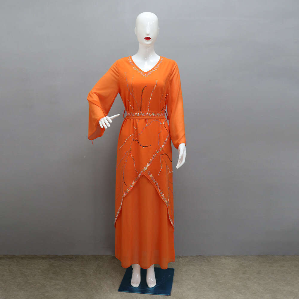 Because0235 Muslim Abaya Rhinestone Chiffon Dress With Belt B5