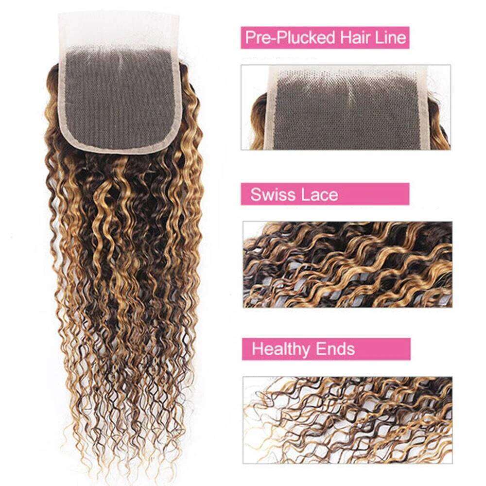 427 Highlight Human Bundles Honey Blonde With 13x4 Lace Closure Remy Hair Extention Brown Curly 18-36 Inch