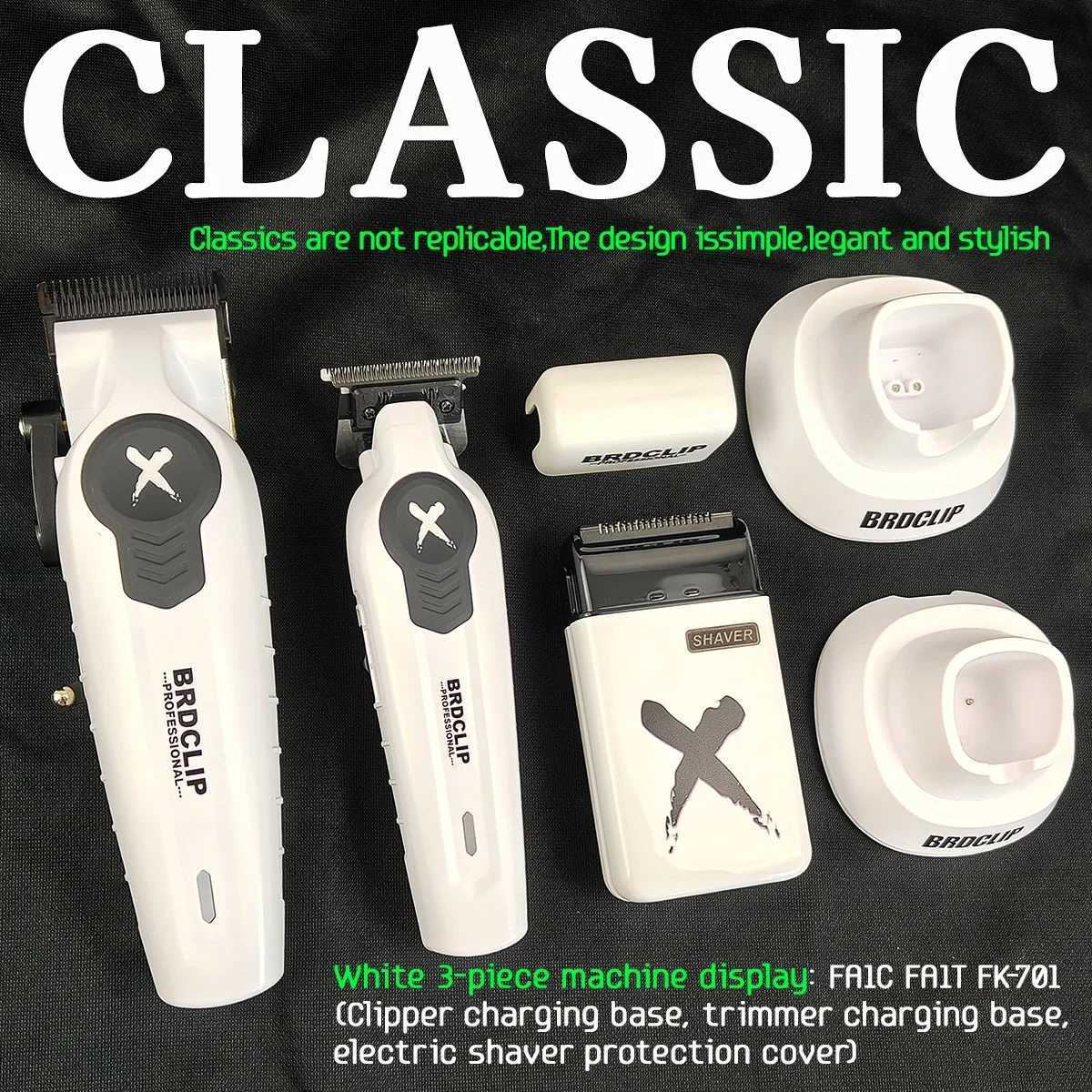 Professional BRDCLIP FA1C FA1T FK701 White SET 8800/7700/7000RPM DLC FADE Blade Barber Clipper Shaver Electric Trimmer With BaseXJ250604