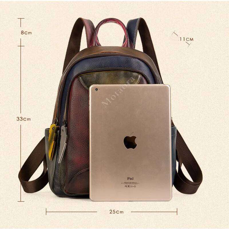 MOTAORA 2025 Soft Cowhide Leather Backpack Large Capacity Two-Tone Spliced Hand Painted College Student Travel Hiking Casual Bag