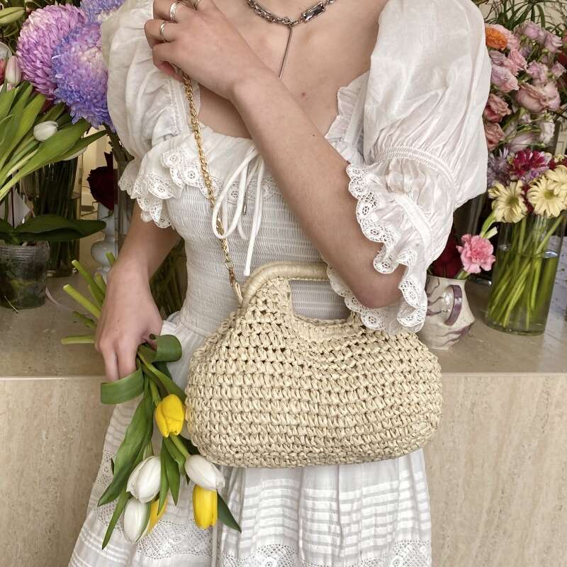 Vacation Shell 2025 New Women's Handbag Mori Style Straw Woven Shoulder Beach Chain Crossbody Bag