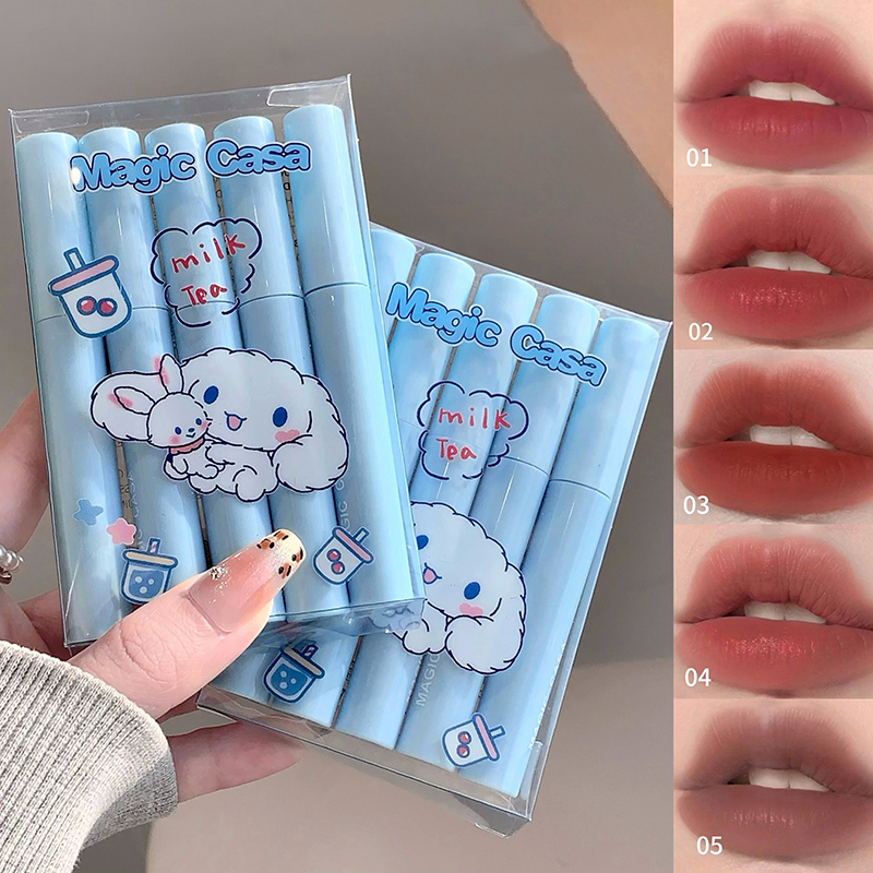 5pcs Milk Bunny Waterproof Collection Lip Gloss, Vibrant, Smooth Liquid Lipsticks, Cartoon Milk Bunny Print Design, a perfect gift for her, friends or