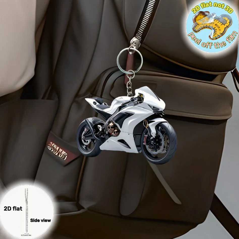 White Motorcycle Knight Pendant Keychain Moto Themed 2D Flat Acrylic Ornament Charms Hanging Decoration for Car Bag Festive Gift W250604