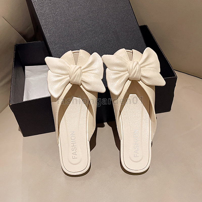 Designer sandals Women slides bow tie half slippers Summer Outdoor Fish Mouth Flat Bottom Sandal Daily Casual French lazy flip-flops Soft leather wome