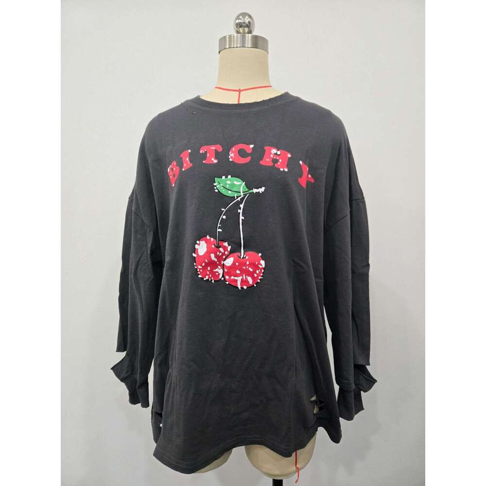 American Style Distressed Cherry Print Crewneck Pullover Sweatshirt For Women, Trendy Loose Fit Long Sleeve Slimming Top B5