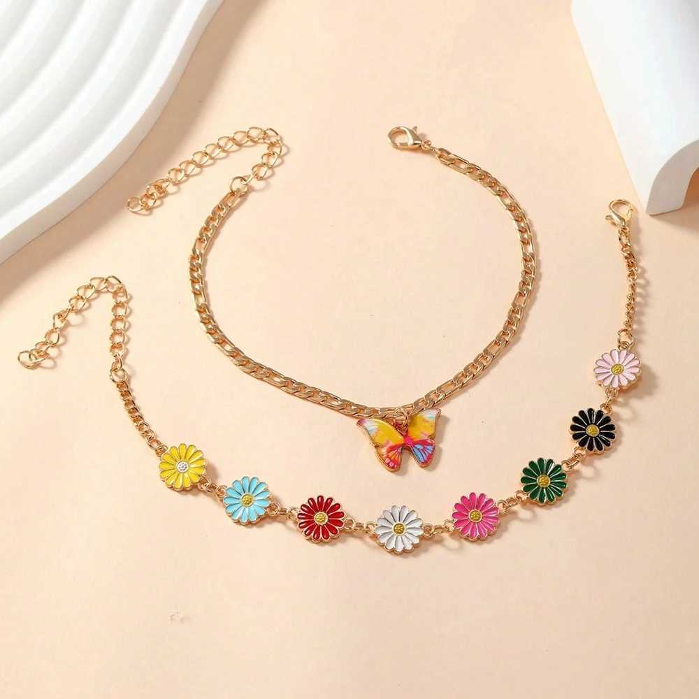 2 Piece Fashion Foot Bracelets Elegant Gold Color Enamel Daisy Butterfly Anklets For Women Summer Beach Jewelry Ankle Chain W250604