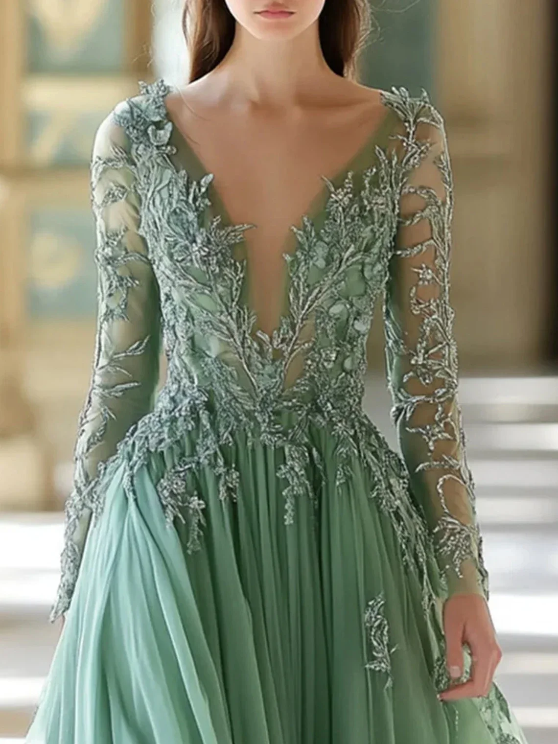 Elegant Sage Green Tulle Long Prom Dresses Beaded Lace Appliques Full Sleeves A-Line Formal Evening Gown Sheer V-Neck Chic Reception Dress For Women