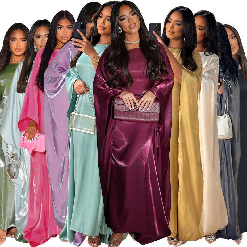 Mq104 New Summer Modest Muslim Fashion Shiny Satin Waist-Cinching Abaya Dress B5