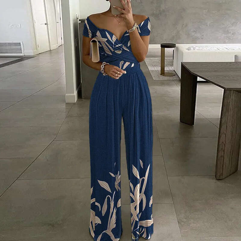 New Women's Fashion Elegant Commuter Printed Wide-Leg Jumpsuit B5