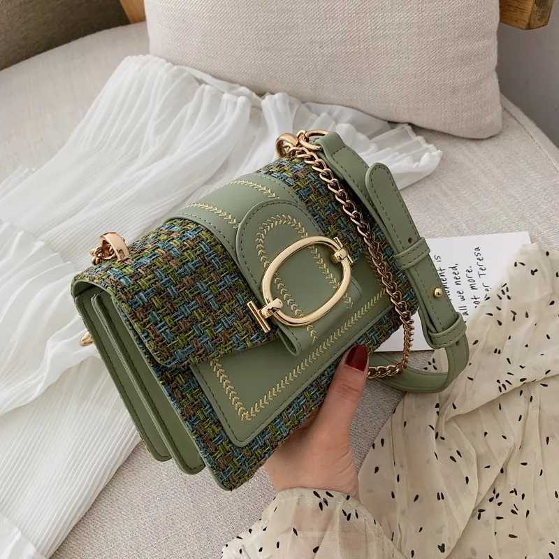 Chic Mini Plaid Tweed Crossbody Bag with Adjustable Strap Fashionable Buckle Closure - Available in Cream Green Blue Black XJ250604