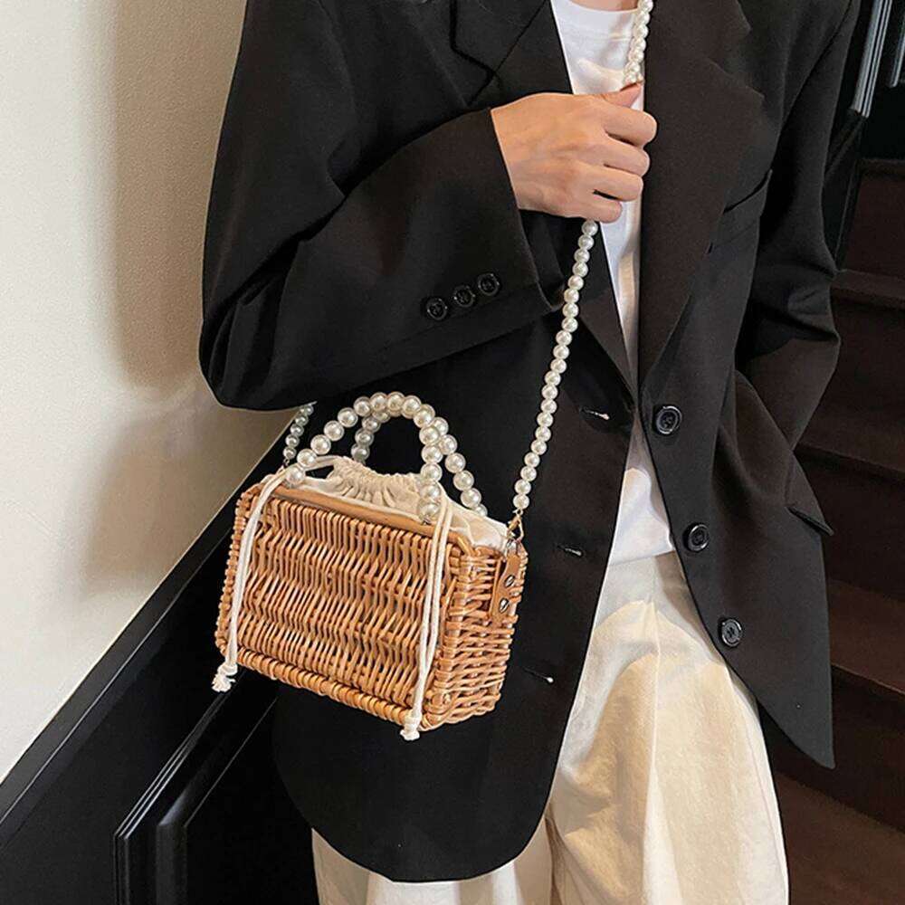 Women's Bags Designer Bohemian Woven Straw Basket Pearls Beaded Rattan Bags For Women Handbag Summer Travel Beach Shoulder Crossbody Bag Box Purs