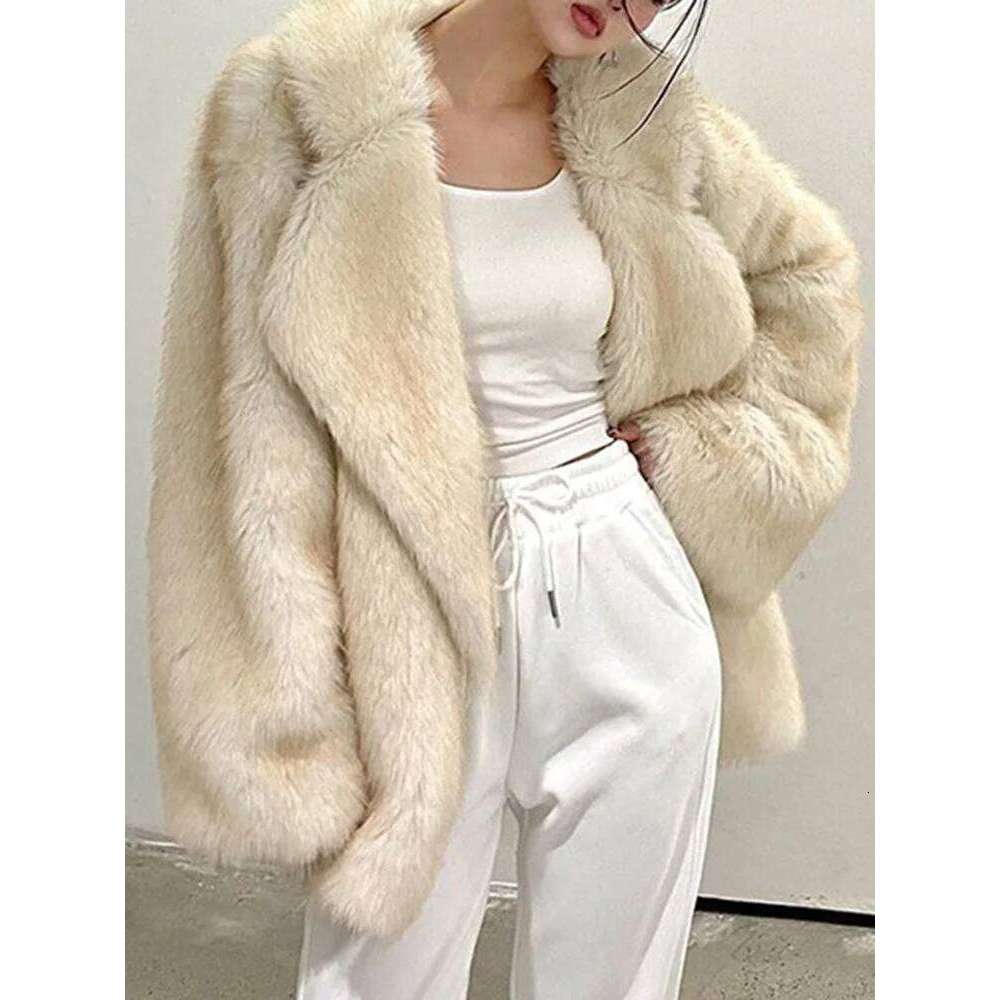 Aoaiiys Autumn Winter Jacket Women Faux Fur Coats Elegant Turn-Down Collar Solid Soft Shaggy Coat Female Thicken Warm Outerwear