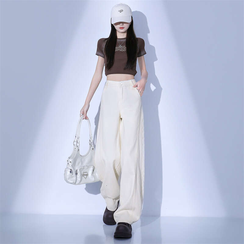 Apricot Curved Knife Wide-Leg Jeans For Women Spring Summer New High-Waist Slimming American Style Lazy Drape Banana Pants B5