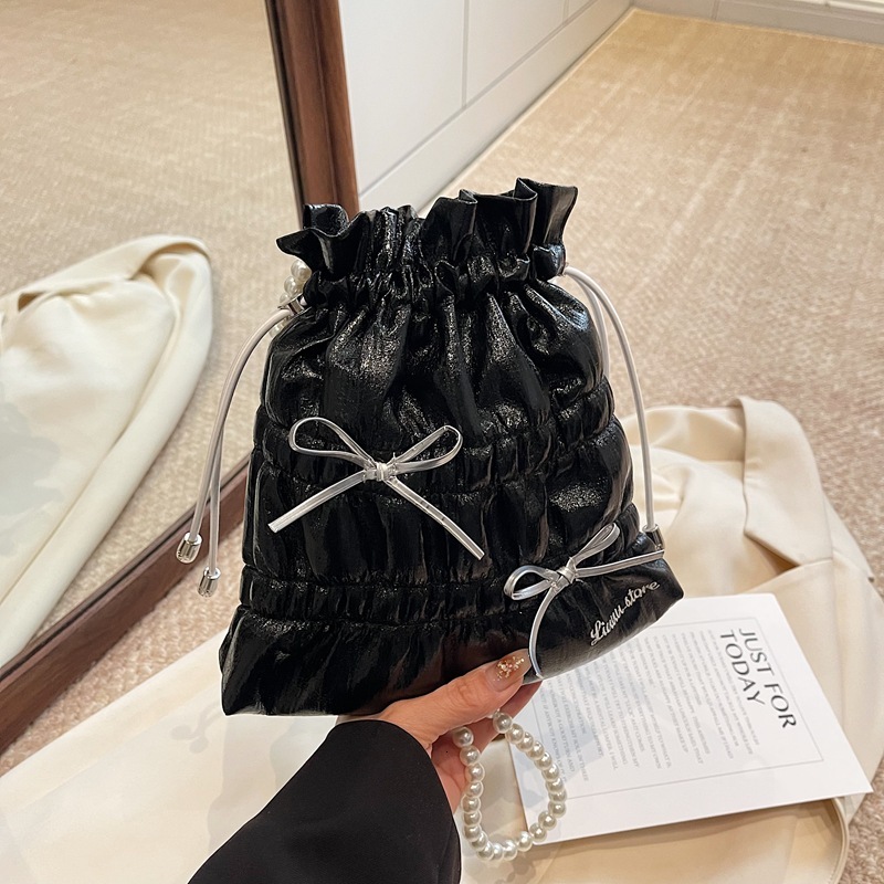 designer Trendy Fashion Bowknot Pleated Large Capacity Bucket Bag 2025 New Beaded Bright Color Travel Shoulder Crossbody Bag