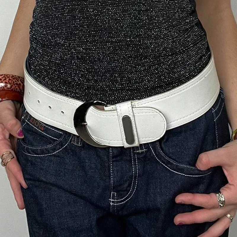 Vintage White Wide Belt Y2K Metal Ring Womens Punk Belt Harajuku Gothic Hot Girls PU Leather Belt Party Dress Accessories W250604