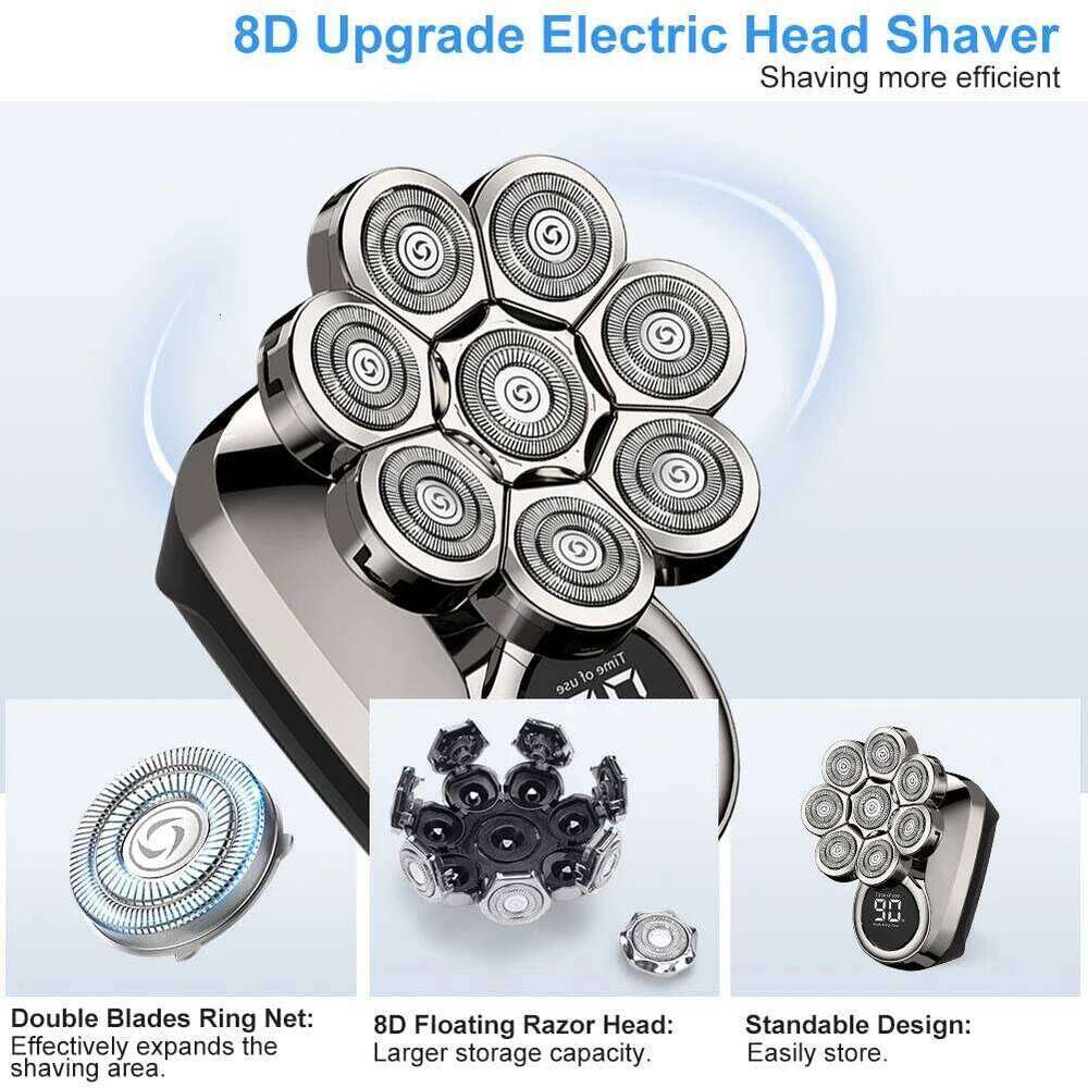 LED Display Electric Men 6-In-1 Upgrade Skull Razor Bald Head Shavers Grooming 8-Heads 4D Shaving Kit
