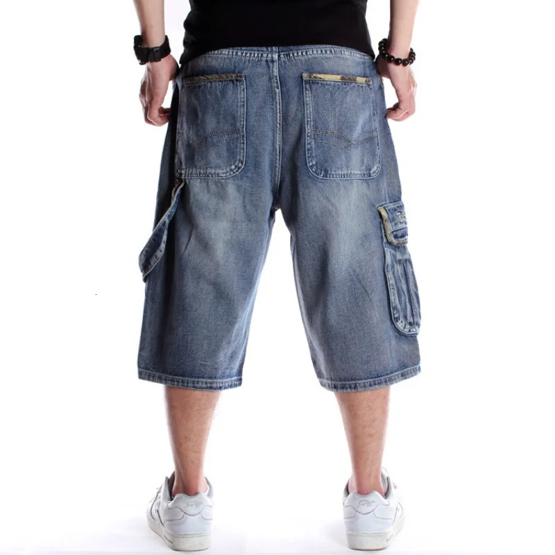 Multi pocket European and American skateboarding pants with fat and plus size hip-hop denim shorts for men trendy cropped pants 250530