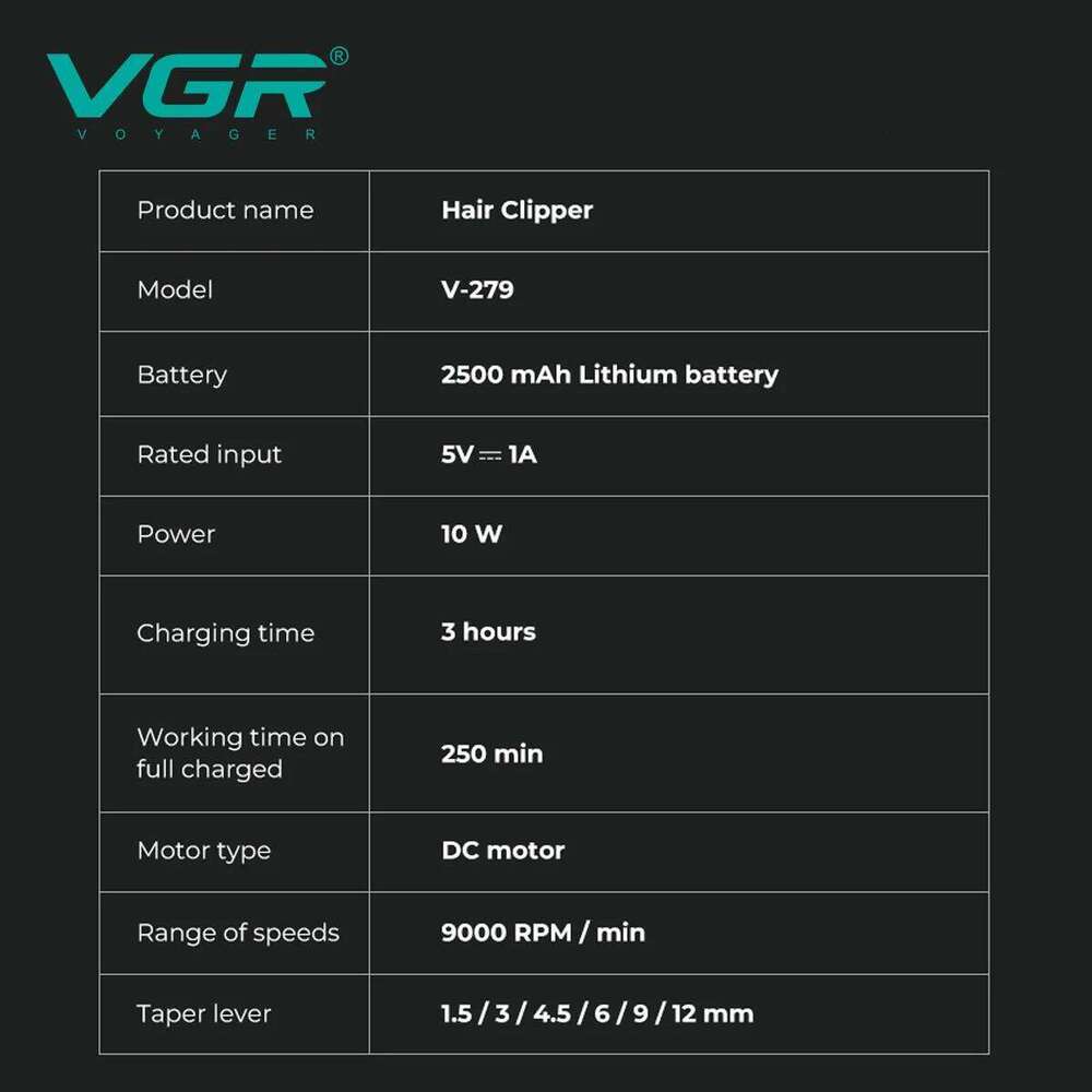 VGR 9000 RPM Clipper Professional Electric Hair Cut Hine Barber Cordless Clippers Metal Trimmers For Men V-279