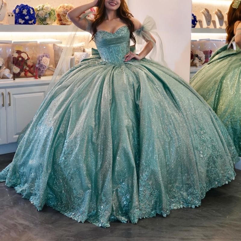 Mint Green Quinceanera Dresses Ball Gown Off The Shoulder Applique Lace Beading Bow Tull Party Birthday Sweet 16 Dress Vestidos 15 Anos