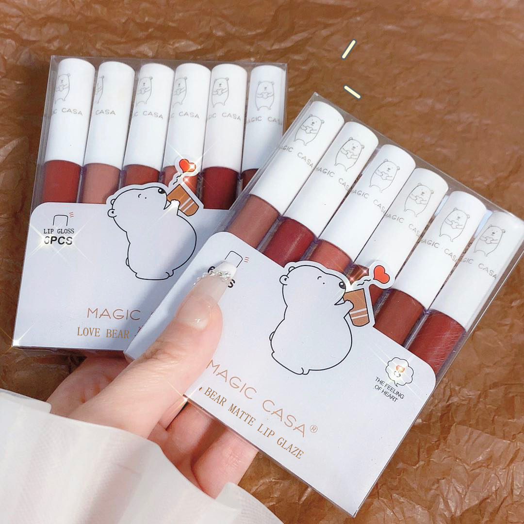 Love Bear Lip Glaze Set 6pcs set Lip Glaze Matte Velvet Lipstick Lip Clay Texture Lip Colour for Students DH1003