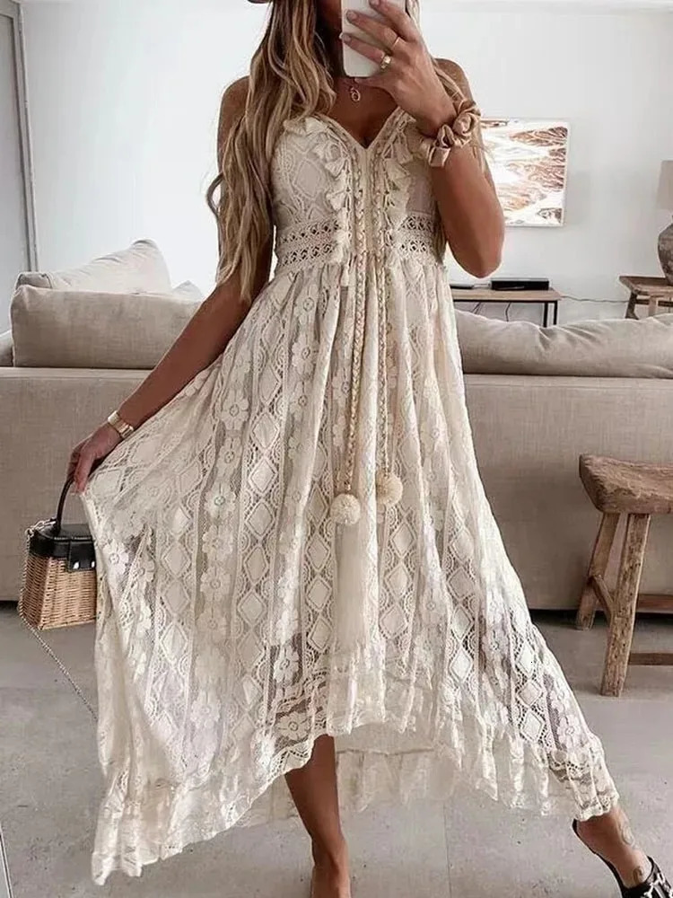 Womens Vneck Slim Shoulder Strap Sun Skirt Hook Flower Hollow Out Elegant Vacation Bohemian Style Lace Dress 22194 250604
