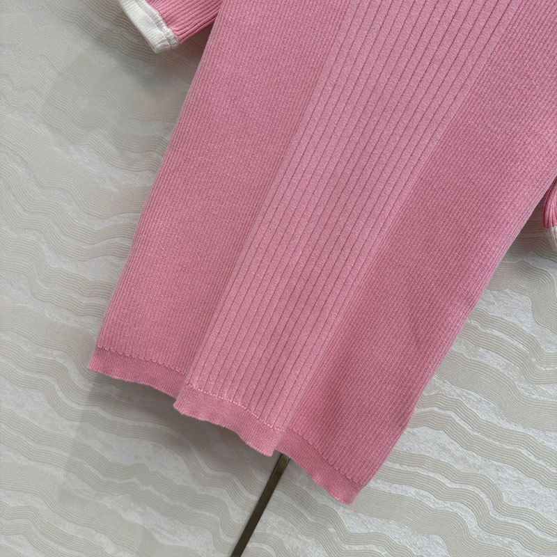 Summer Women's Color Block Fitted Knit Top Fashion Round Neck Jacquard Pure Cotton Short Sleeve Pink/Grey Designer Classic Retro Luxury Clothing