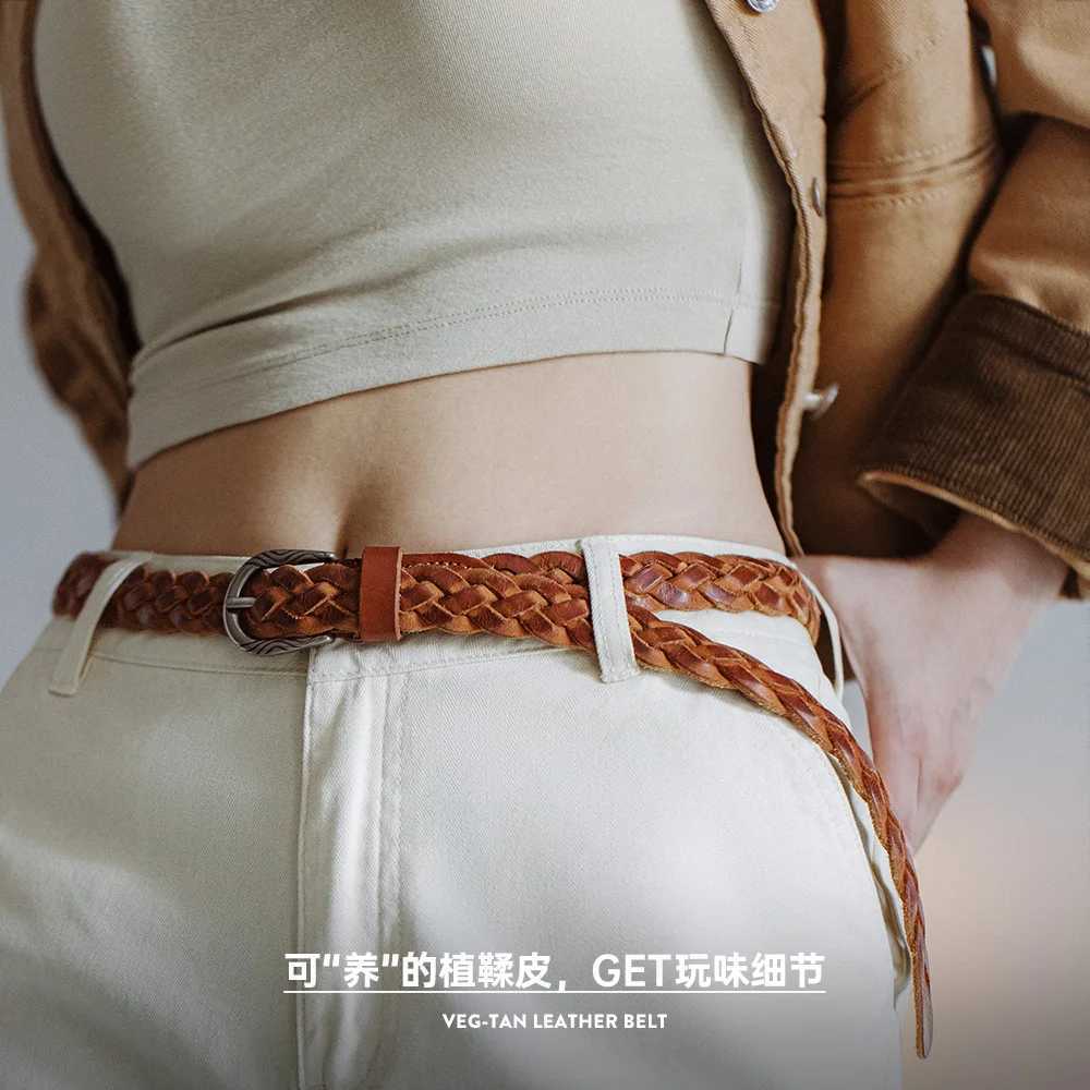 Vintage Veg-Tan Cowhide Braided Belt for Women Leather Belt Simple Accessory Belts with 3 Strands of Weaving Craftsmanship W250604