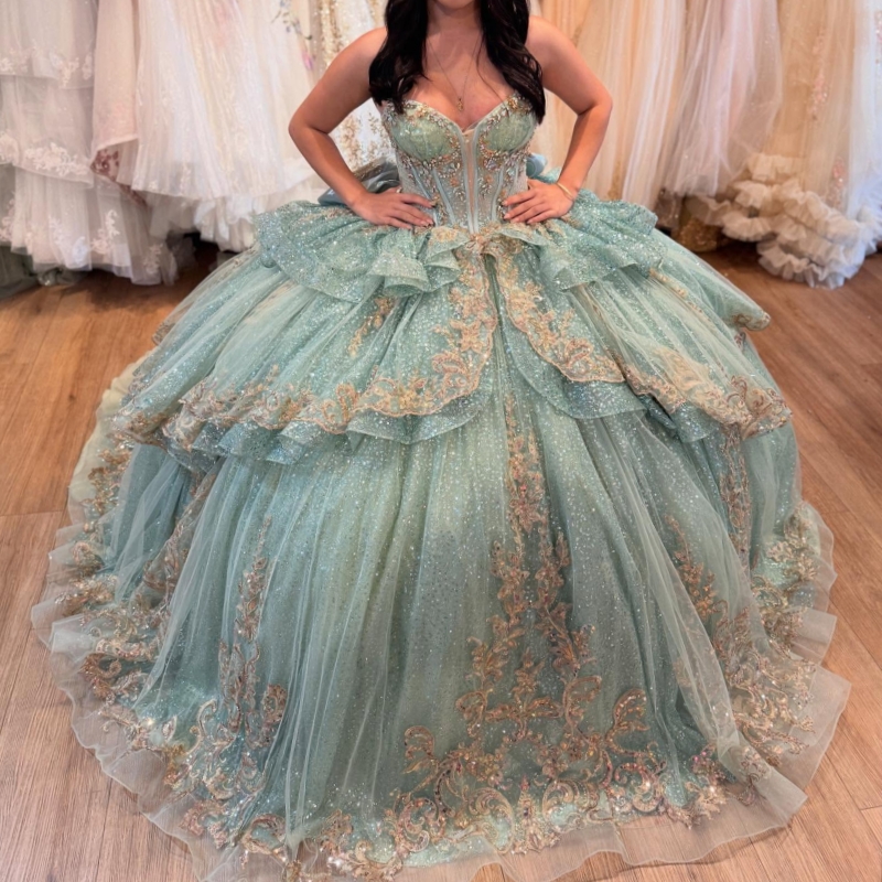 Mint Green Shiny Quinceanera Dresses Ball Gown Applique Lace Beads Bow Tull Party Birthday Sweet 16 Vestidos De XV 15 Anos