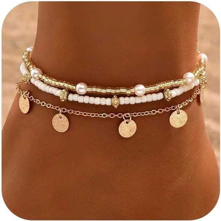 Gold Plated Boho Bead Adjustable Anklet Hawaiian Beach Seashell Pearl Foot Jewelry Gifts Shell Ankle Bracelet Set for Women W250604