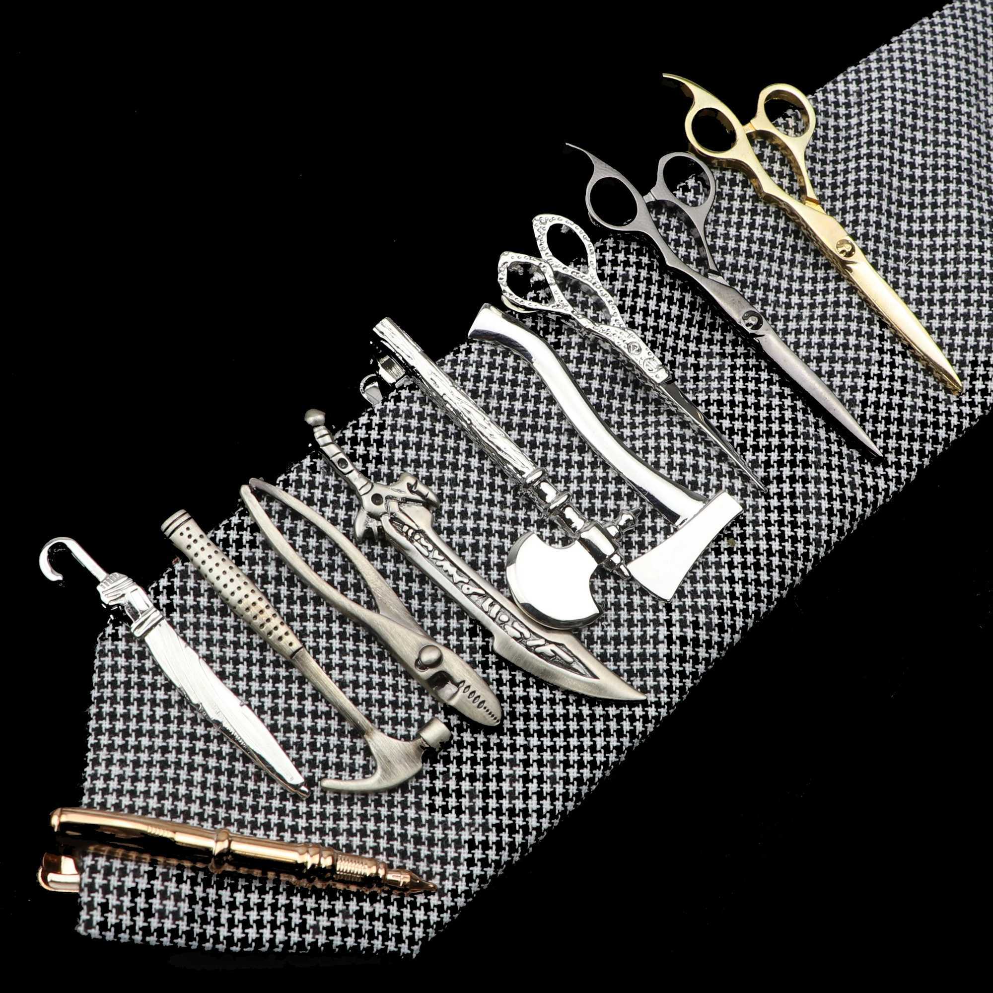 1 Piece Chrome Stainless Tie Clips Scissors Axe Car Owl Sword Hammer Shape Metal Tie Clip for Men Necktie Clips Pin For Mens Gift W250604