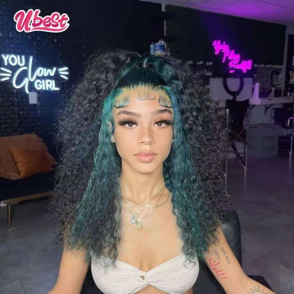 Ubest 13X6 Transparent Front Wigs Curly 100% Human Hair Ombre Dark Green Colored 5X5 Lace Closure Wig Pre Plucked For Women