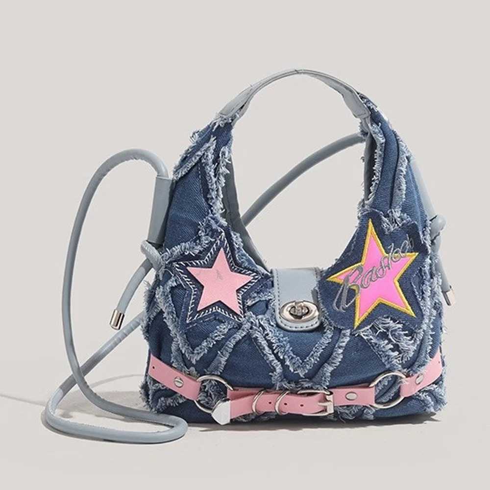 y2k Hot Girl style pink five-pointed star applied-designed fringed denim crossbody bag A-DH XJ250604