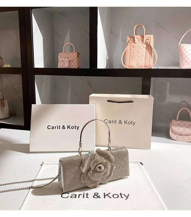 Designer Glitter Dia Floral Women's Handbag Crystal Rhinestones Evening Wedding Party Clutch Purse Crossbody Bag