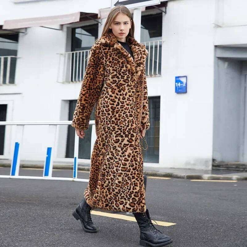 2024 High Street Leopard Print Long Fuzzy Jacket for Women Winter Faux Rabbit Plush Coats and Jackets Coat Fur