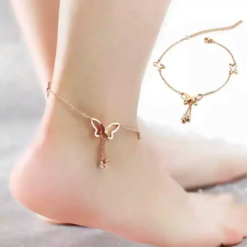 Stainless Steel Women Butterfly Pendant Foot Chain Barefoot Leg Bracelet Rose Gold Color Beach Anklet Jewelry Drop Shipping W250604