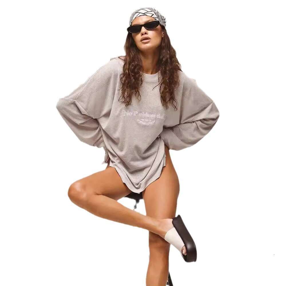 Round Neck Pullover Letter Print Long Sleeve T-Shirt Sexy Girl Style Sheer Loose Top For Women B5