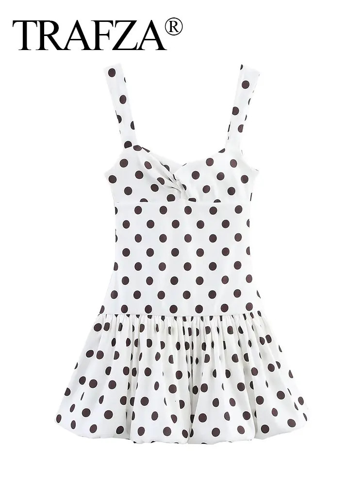 TRAFZA Summer Vintage Polkadot Sling Mini Dress For Women Sleeveless Pleated Slim Backless Balloon High Waist Trendy Dresses 250604