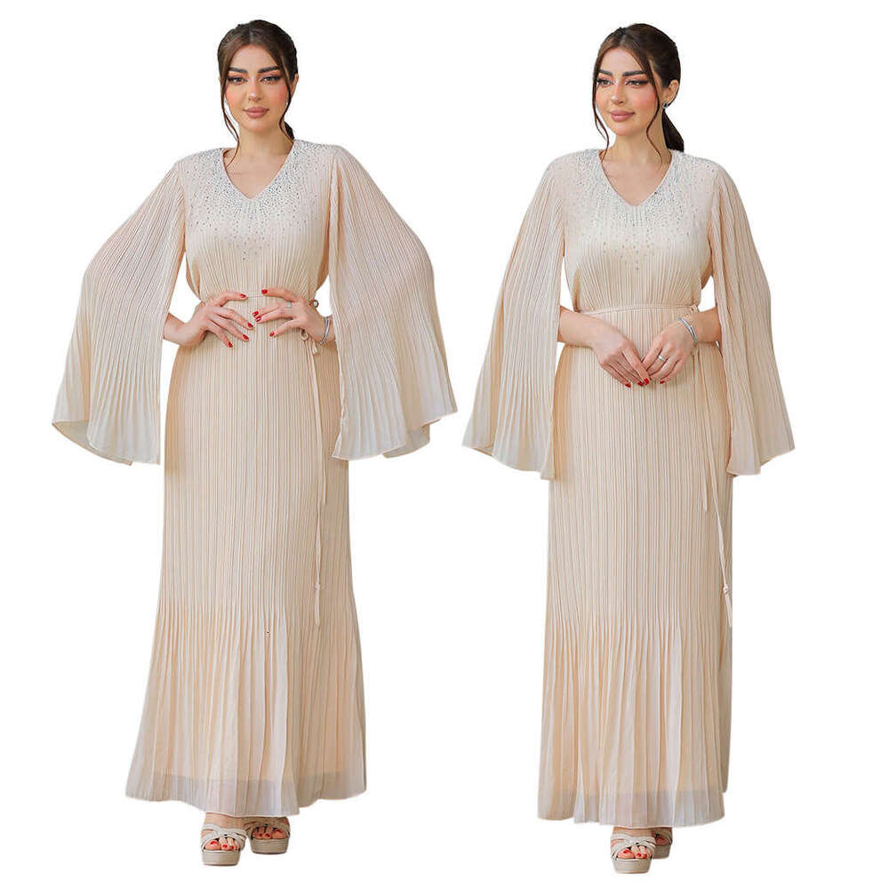 Because0393 Slimming Pleated Women's Dubai Arabic Robe With Rhinestones Evening Dress B5