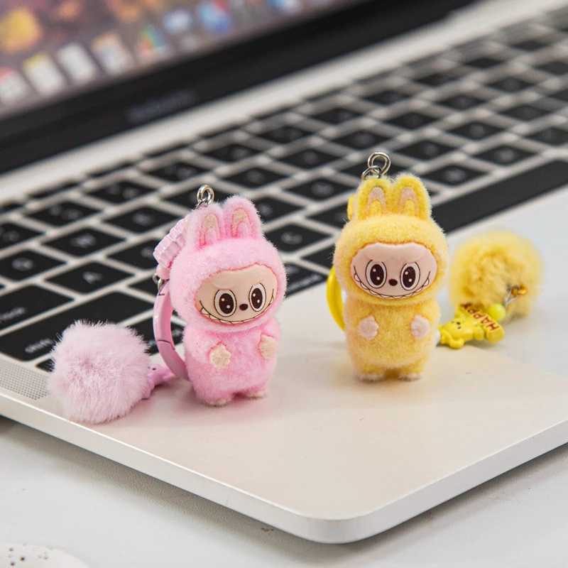 New Arrival Sitting Labubu Keychain Mini Flocking Labubu Key Chain Kawaii Cell Phone Charm Ornaments Cute Rabbit Keyring Gift U250604