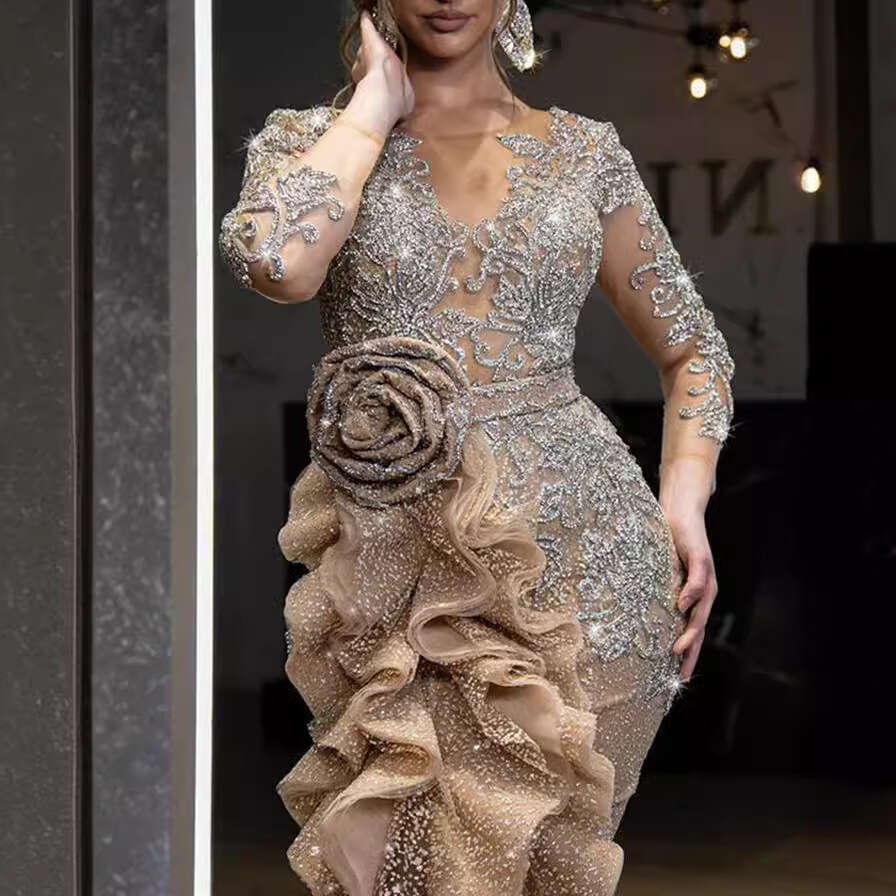 2020 New Women's Sexy Gold Sequin Long Sleeve Party Dress with Train