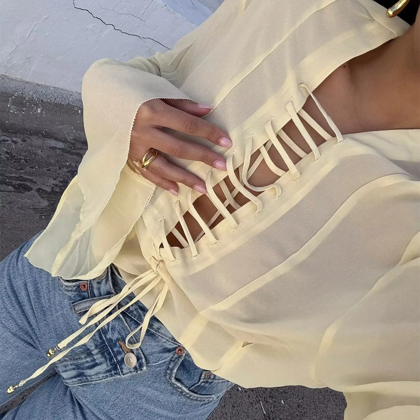 Elegant Chiffon Lace Up Shirt Women Yellow Long Sleeve O-neck Loose Female Blouse Fashion Summer Solid Holiday Top 250603 - view 3